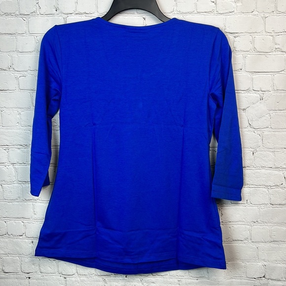 Karen Scott Ultra Blue Beaded Neckline 3/4 Sleeve Top Size Small - Picture 5 of 5